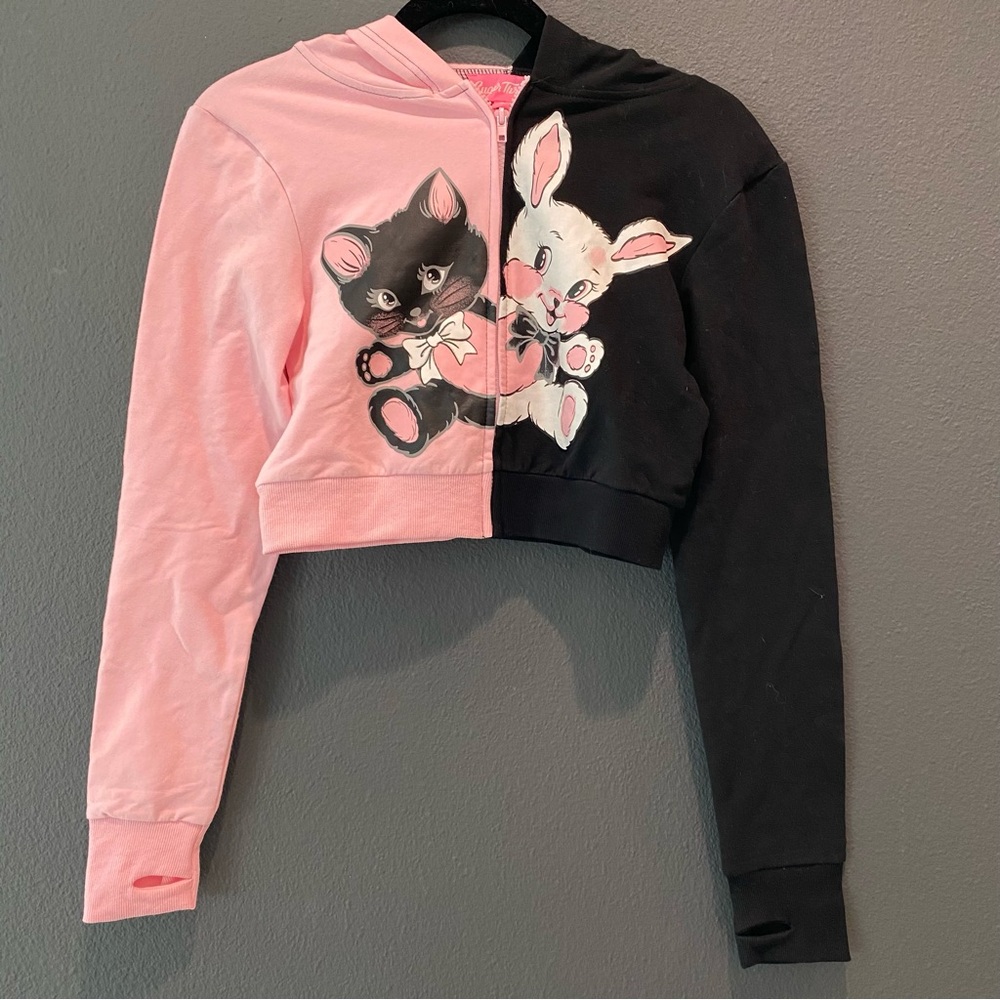 NWT DOLLS KILL SUGAR THRILL DARLING DUO HOODIE size S white bunny black kitty